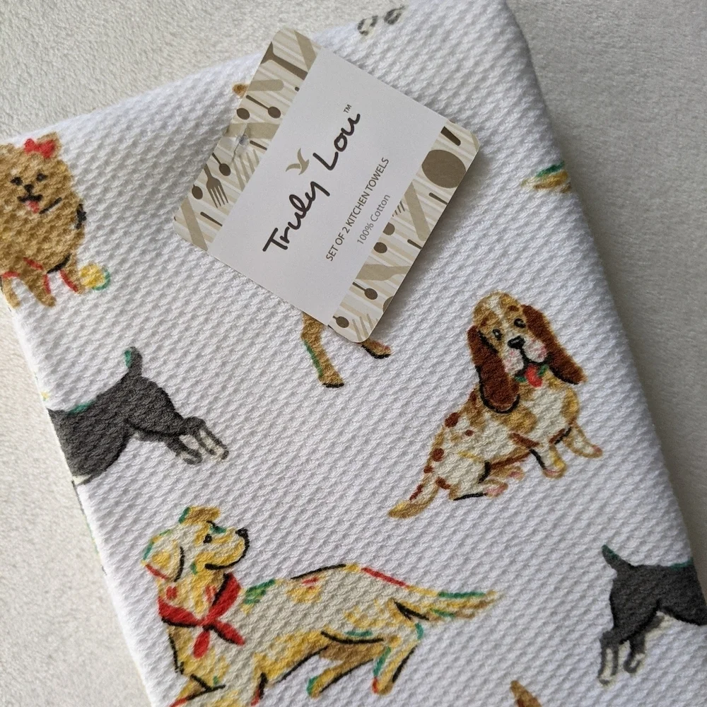 Boston Terrier Various Breed Dog Print Kitchen Towel Set Of Two White Multi NWT